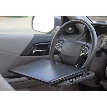 Grey Portable Car Steering Wheel Tray - 2-in-1 Dual Sided Laptop Desk & Food Table with Cup Holder - Universal Auto Interior Accessory for Travel & Mobile Work