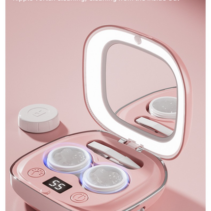 Purple Portable Sonic Wave Contact Lens Cleaner with LED Makeup Mirror - Automatic Electric Lens Cleaning Case for Daily Use