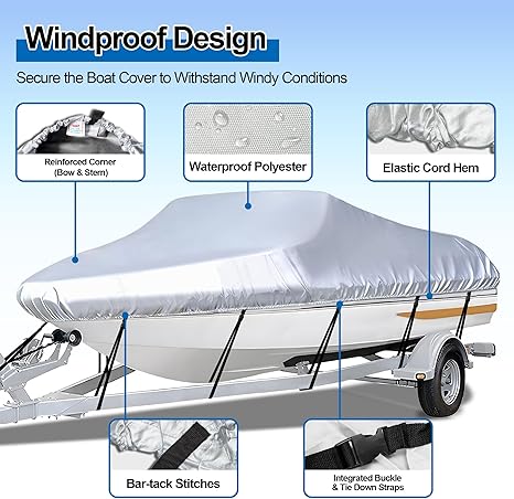 Grey Heavy Duty Waterproof Tarp Covers with Storage Bag Fits V-Hull Fish & Ski Pro-Style Fishing Runabout – product detail
