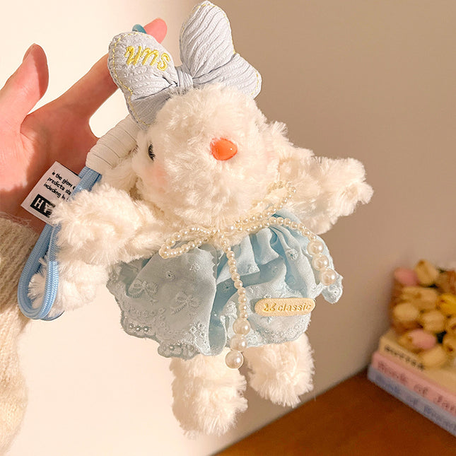 Blue Cute Floppy Eared Bunny Plush Doll with Pearl Necklace and Ribbon Dress