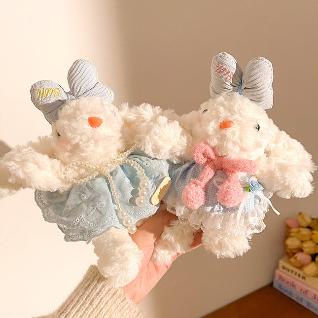 Blue Cute Floppy Eared Bunny Plush Doll with Pearl Necklace and Ribbon Dress – product detail