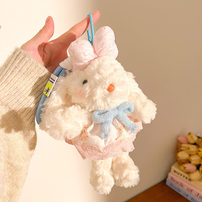 Light Pink Cute Floppy Eared Bunny Plush Doll with Pearl Necklace and Ribbon Dress