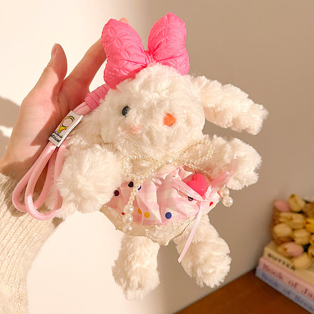 Pink Cute Floppy Eared Bunny Plush Doll with Pearl Necklace and Ribbon Dress