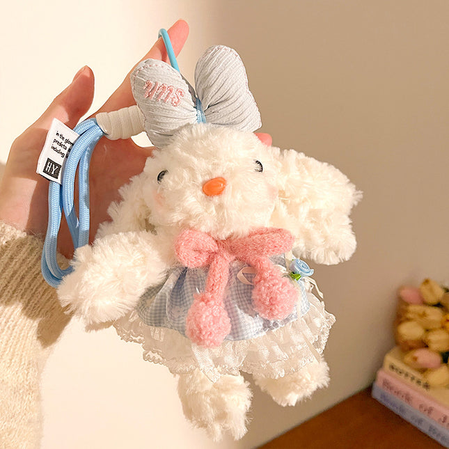 Blue and Pink Cute Floppy Eared Bunny Plush Doll with Pearl Necklace and Ribbon Dress