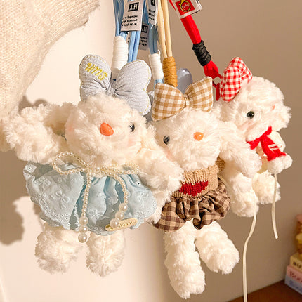 Red Cute Floppy Eared Bunny Plush Doll with Pearl Necklace and Ribbon Dress - Adorable Keychain or Bag Charm for Girls(F-4977)