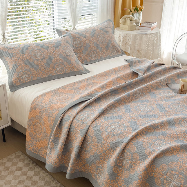 Grey and Orange Cotton Three-Layer Gauze Bed Cover Set – product detail