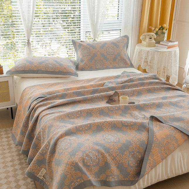 Grey and Orange Cotton Three-Layer Gauze Bed Cover Set