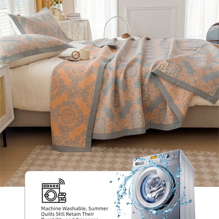 Grey and Green Cotton Three-Layer Gauze Bed Cover Set – product perspective