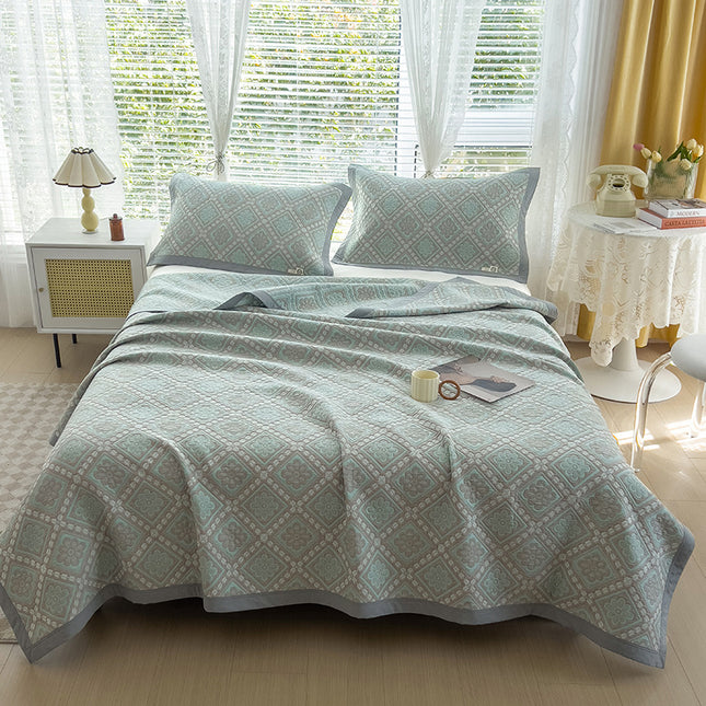 Grey and Green Cotton Three-Layer Gauze Bed Cover Set