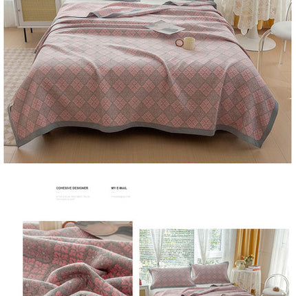 Grey and Pink Cotton Three-Layer Gauze Bed Cover Set - Reversible Vintage Printed Blanket with Two Pillowcases for Year-Round Use(150*200cm)