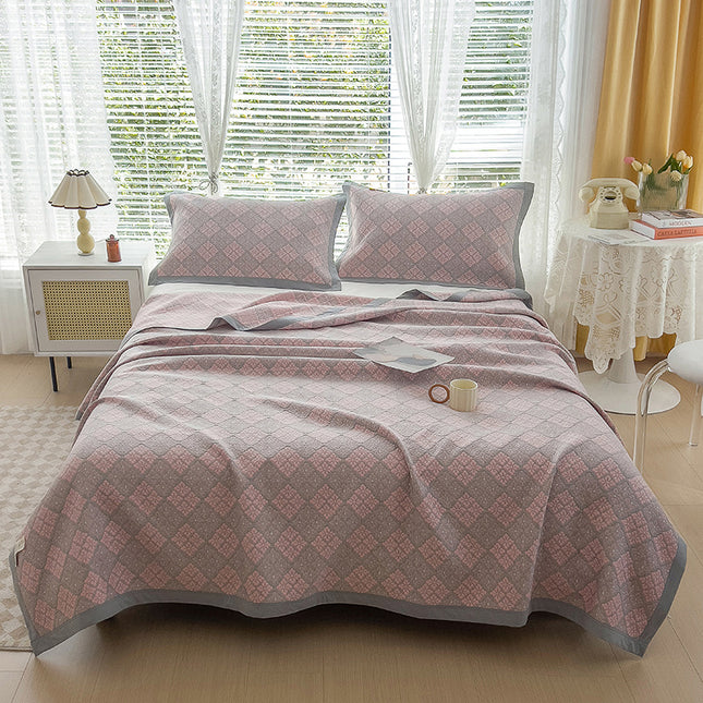 Grey and Pink Cotton Three-Layer Gauze Bed Cover Set