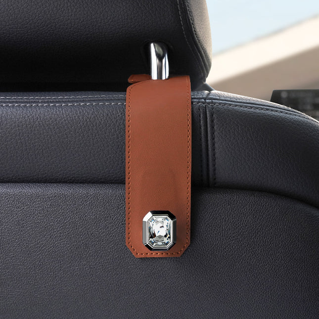 Brown Car Multi-Functional PU Leather Hook with Crystal Decoration Hidden Storage Hook for Front and Rear
