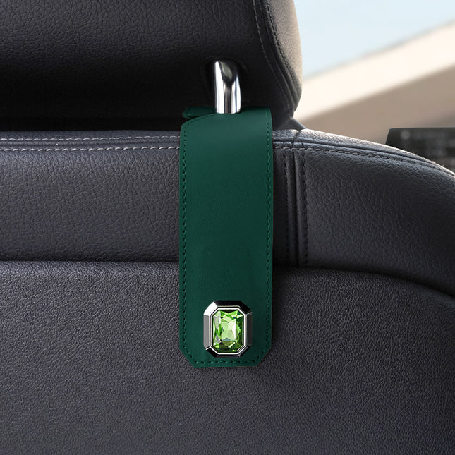 Green Car Multi-Functional PU Leather Hook with Crystal Decoration Hidden Storage Hook for Front and Rear