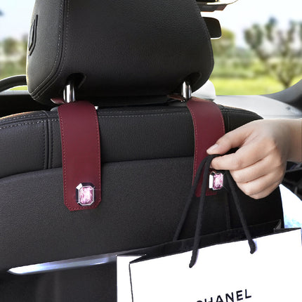 Green Car Multi-Functional PU Leather Hook with Crystal Decoration – Hidden Storage Hook for Front and Rear Seats (Set of 2)