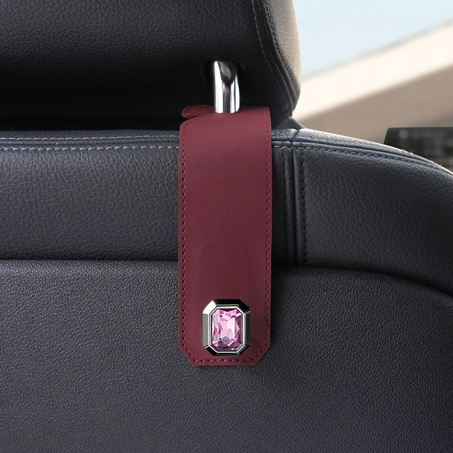 Claret Car Multi-Functional PU Leather Hook with Crystal Decoration Hidden Storage Hook for Front and Rear