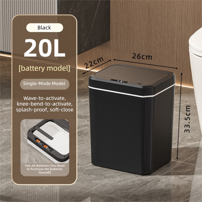 Black Smart Sensor Trash Can 20L Capacity Touch-Free Operation with Odor-Blocking & Waterproof Design