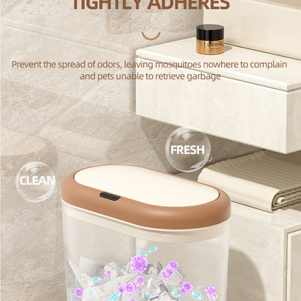 Beige and Brown Smart Sensor Trash Can – 15L Capacity, Compact Design for Home Use with Automatic Induction Opening(Three sensor modes)