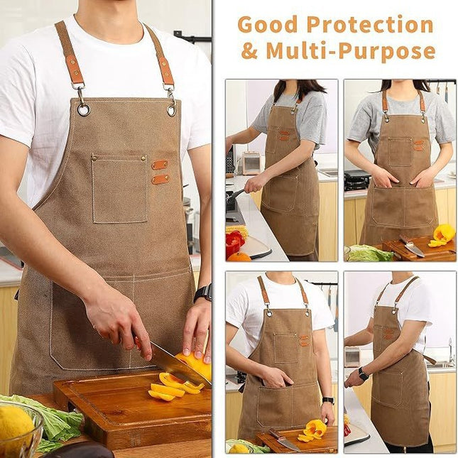 Brown 16-ounce Heavy-Duty Canvas Apron Durable Waterproof & Oil-Resistant Kitchen Workwear for Cooking and – product detail