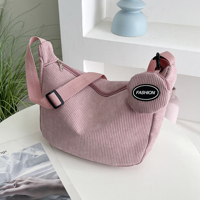 Pink Minimalist Corduroy Crossbody Bag Large Capacity Single Shoulder & Diagonal Sling Bag in Korean Style