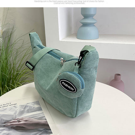 Green Minimalist Corduroy Crossbody Bag – Large Capacity Single Shoulder & Diagonal Sling Bag in Korean Style