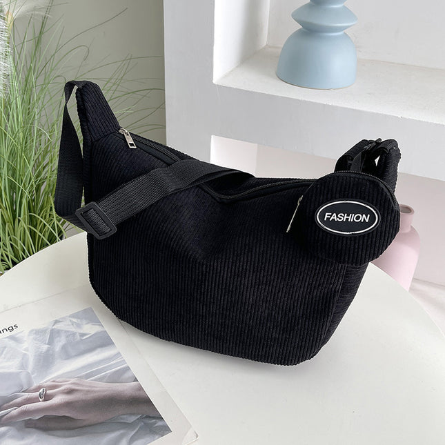 Black Minimalist Corduroy Crossbody Bag Large Capacity Single Shoulder & Diagonal Sling Bag in Korean Style