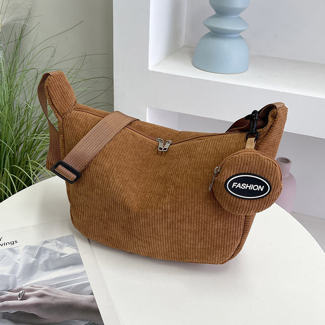 Brown Minimalist Corduroy Crossbody Bag Large Capacity Single Shoulder & Diagonal Sling Bag in Korean Style