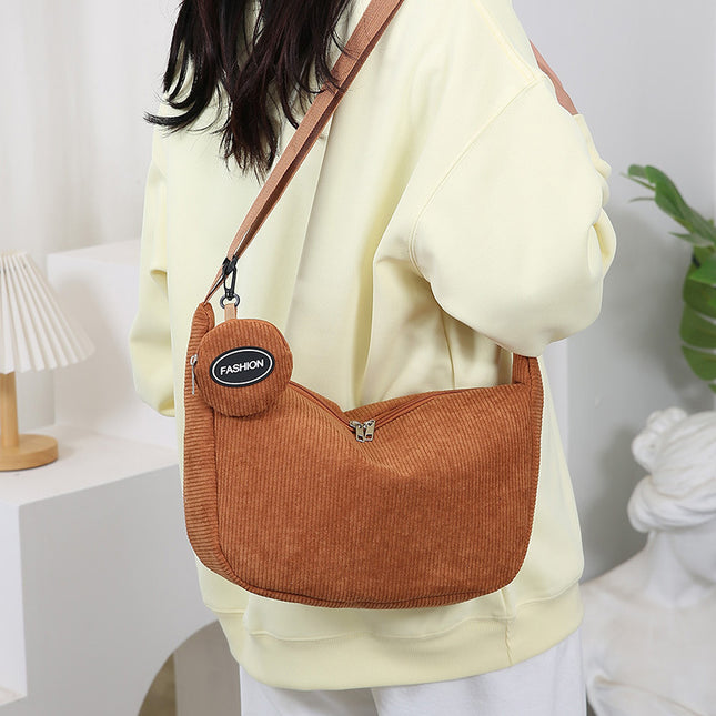 Brown Minimalist Corduroy Crossbody Bag Large Capacity Single Shoulder & Diagonal Sling Bag in Korean – product detail