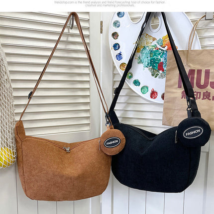 Brown Minimalist Corduroy Crossbody Bag – Large Capacity Single Shoulder & Diagonal Sling Bag in Korean Style