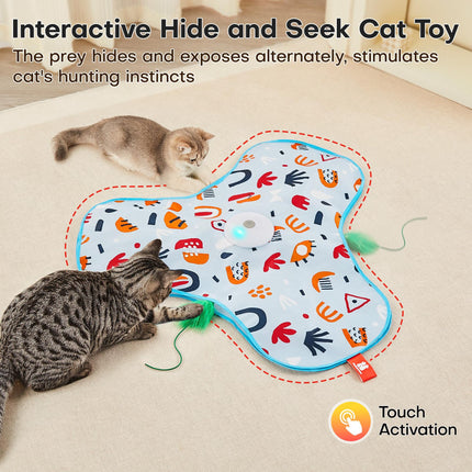 Dark Blue Interactive Cat Toys Rechargeable,Moving Concealed Feathers,Real Mouse Squeaky,Touch Activated Cat Kitten Toy Exercise Toys for Indoor Bored Adult Cats