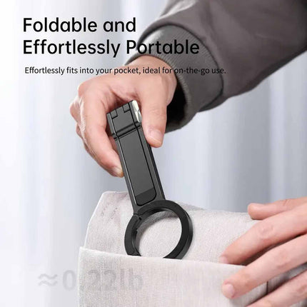 Black Magnetic Phone Stand with Foldable Tripod & Carabiner Hook – Multi-Functional, Portable Smartphone Holder for Outdoor Use