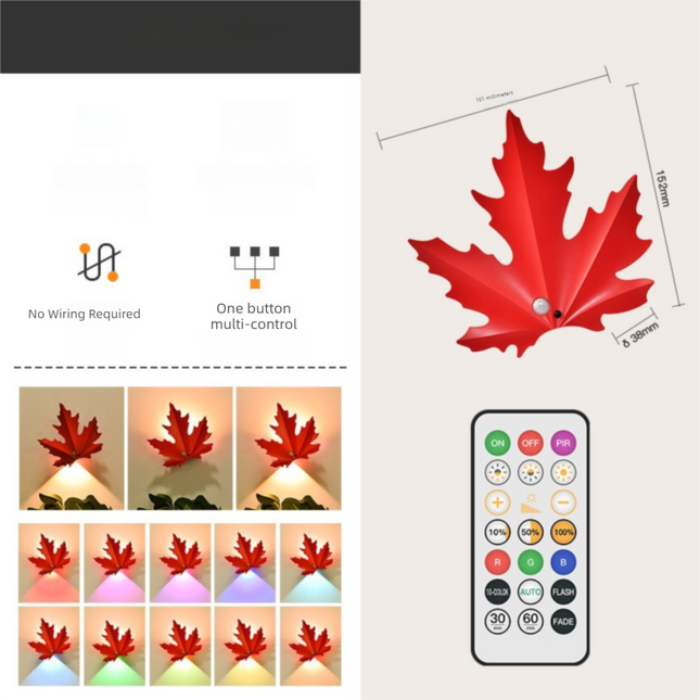 2 Pcs Maple Leaf Smart LED Night Light – Battery-Powered Motion Sensor with Remote Control & Color Changing