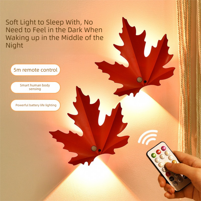 2 Pcs Maple Leaf Smart LED Night Light – Battery-Powered Motion Sensor with Remote Control & Color Changing