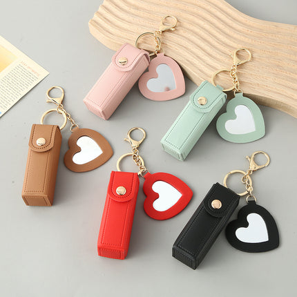 Red Portable Lipstick Case with Heart Mirror & Keychain – Cute PU Leather Holder (3-Pack)