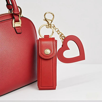 Black Portable Lipstick Case with Heart Mirror & Keychain – Cute PU Leather Holder (3-Pack)