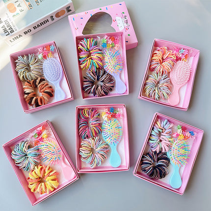 Style 4 Boxed Hair Tie Set with Pink Rubber Bands, Cute Hair Accessories & Mini Comb – Perfect Gift for Girls