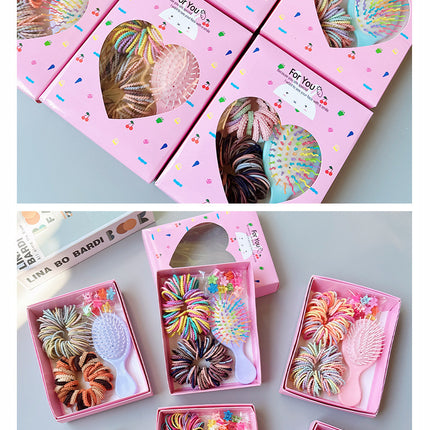 Style 5 Boxed Hair Tie Set with Pink Rubber Bands, Cute Hair Accessories & Mini Comb – Perfect Gift for Girls