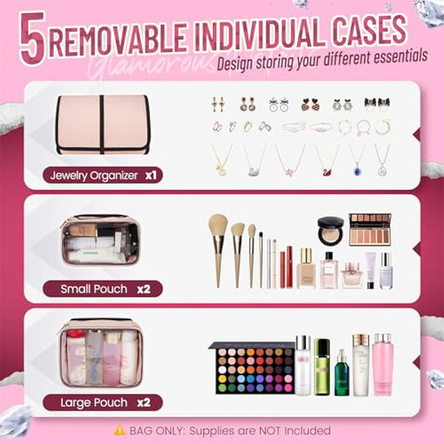 Large Capacity Travel Makeup Backpack with 5 Removable Organizer Cases & Jewelry Roll(pink) – product detail