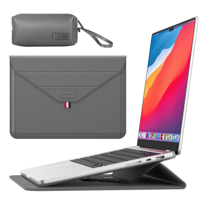 3-in-1 PU Leather Laptop Sleeve with Stand & Mouse Pad Plus Accessory Pouch(Gray) V888-ELOSUNG37012