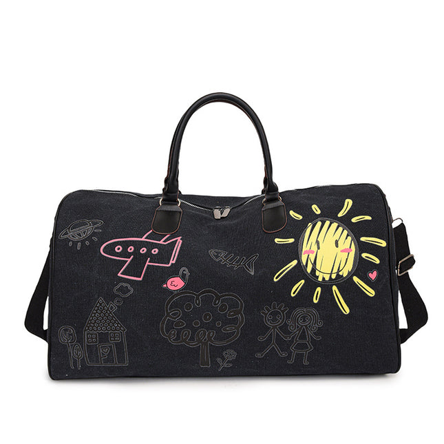 Large Capacity Canvas Travel Duffel Bag with Doodle Print