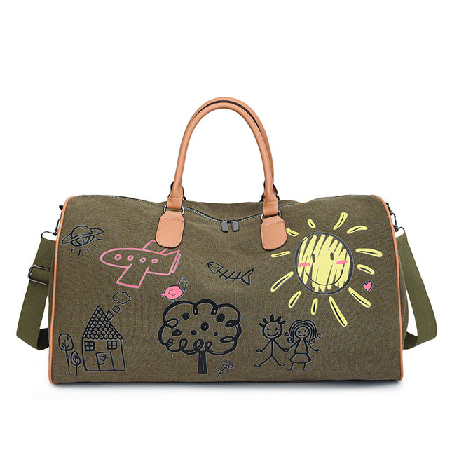Large Capacity Canvas Travel Duffel Bag with Doodle Print