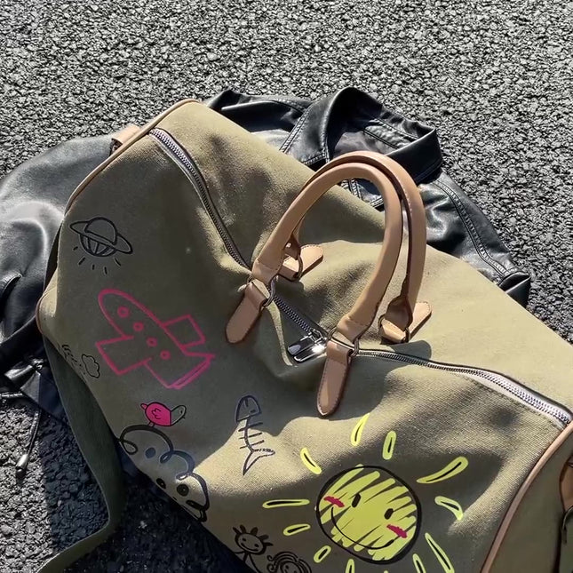 Large Capacity Canvas Travel Duffel Bag with Doodle Print – product detail