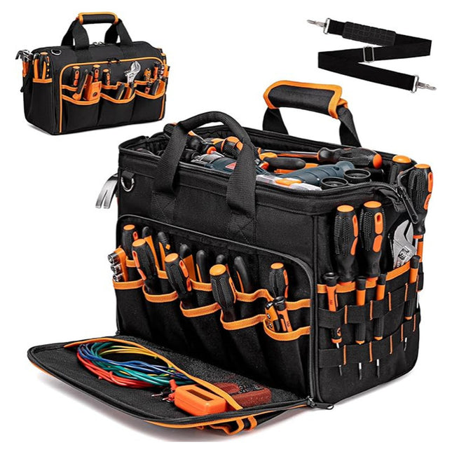 Heavy-Duty 17-Inch Tool Bag with 46 Pockets Waterproof Base & Shoulder Strap(Black Orange)