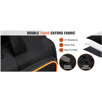 Heavy-Duty 17-Inch Tool Bag with 46 Pockets, Waterproof Base & Shoulder Strap(Black Orange)