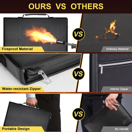 Fireproof & Waterproof Expanding File Folder Organizer with Zipper - Large Capacity Document Safe Bag(Black no-handle model)