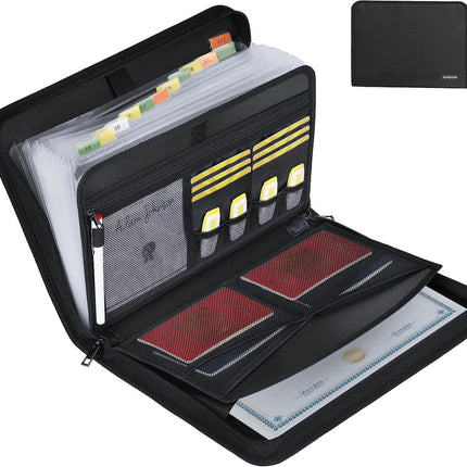 Fireproof & Waterproof Expanding File Folder Organizer with Zipper - Large Capacity Document Safe Bag(Black no-handle model)
