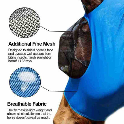 Blue 2-PCS Breathable Horse Fly Mask Set - Equestrian Fly Veils with Ears for Insect Control and Comfort