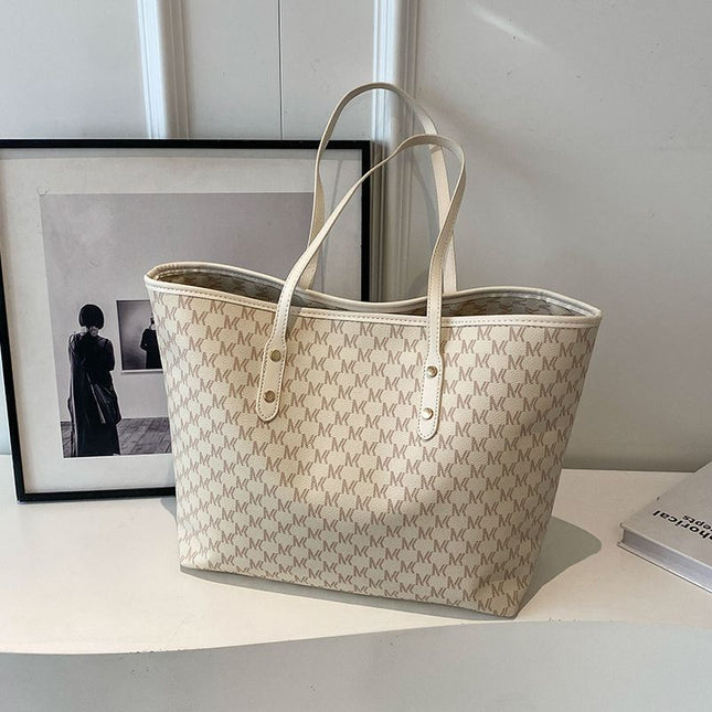 Beige Chic Monogram Print Tote Bag