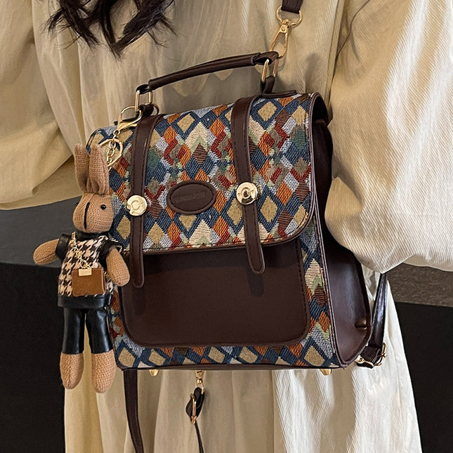 Blue Vintage Geometric Print Convertible Mini Backpack