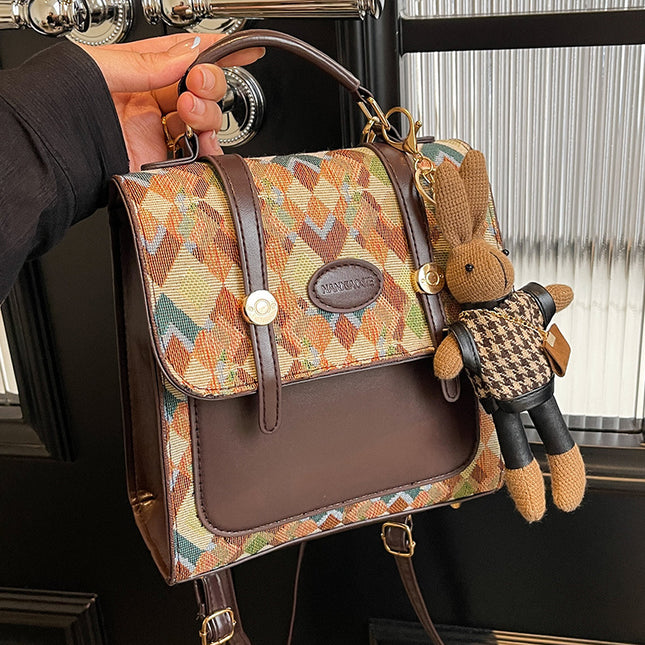Khaki Vintage Geometric Print Convertible Mini Backpack