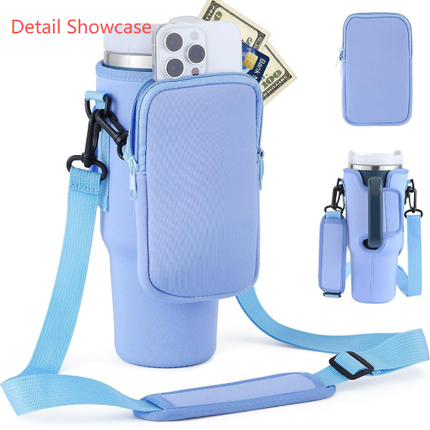 Green Crossbody Tumbler Carrier with Detachable Wallet Pouch and Adjustable Strap